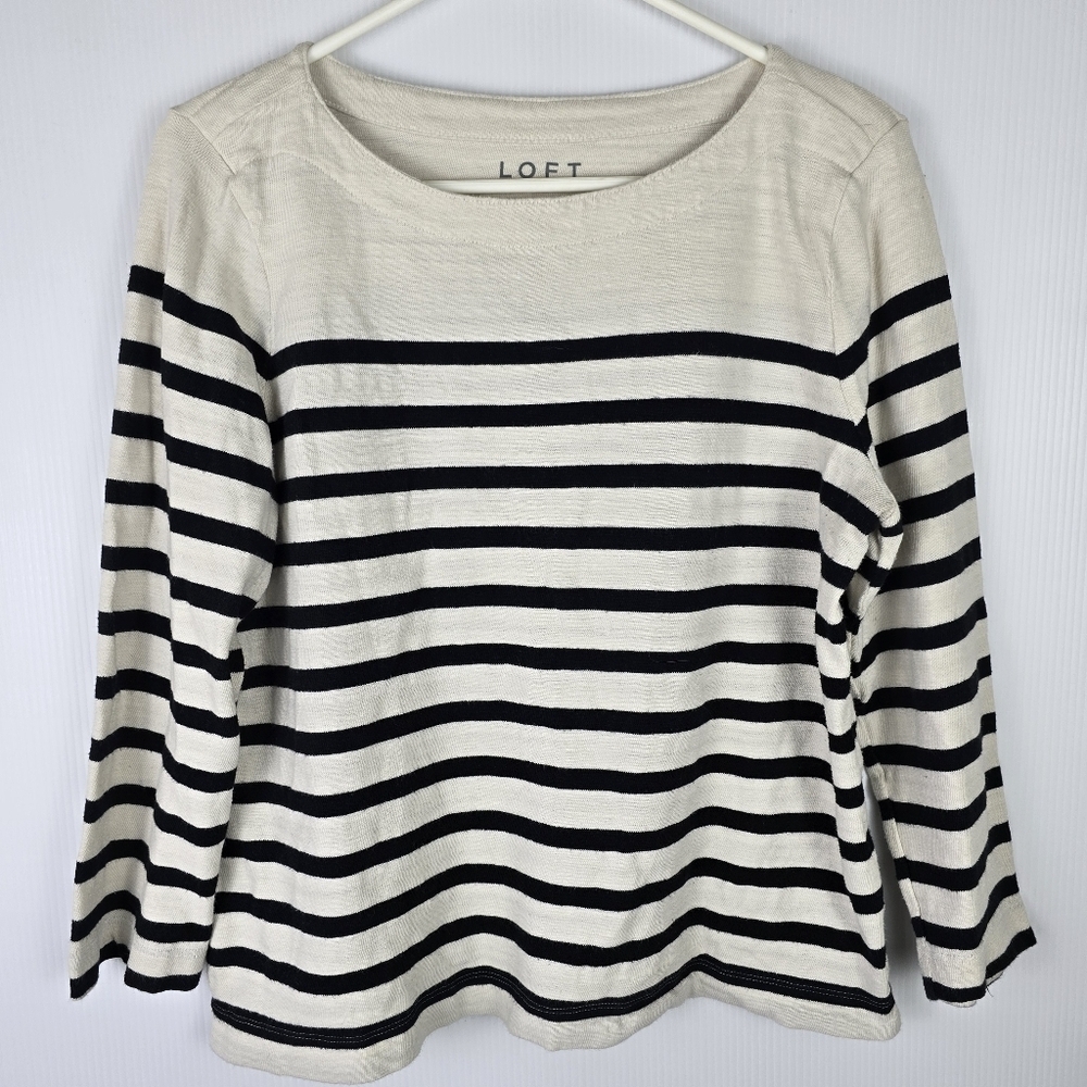 Loft 100% Cotton Striped 3/4 Sleeve Top Black And Cream Casual Size L